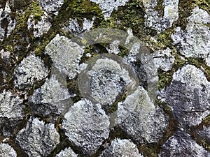 Granite stone wall with green moss