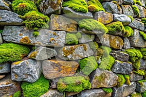 Granite Stone Wall with Moss Nature's Green Growth on Stone