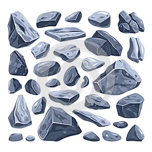 Granite stones heap. Cartoon grey rock stones, boulder graphite rocks, mountain rock stone pile flat vector illustration set. Rock
