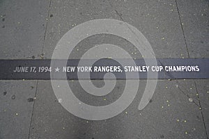 Granite strip commemorates the New York Rangers, winners of the Stanley Cup championship ticker-tape parade