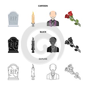 A granite tombstone with an inscription, a mourning candle, a pasteur, a priest, mourning roses. Funeral ceremony set