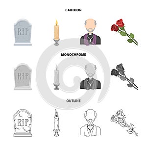 A granite tombstone with an inscription, a mourning candle, a pasteur, a priest, mourning roses. Funeral ceremony set