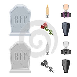 A granite tombstone with an inscription, a mourning candle, a pasteur, a priest, mourning roses. Funeral ceremony set