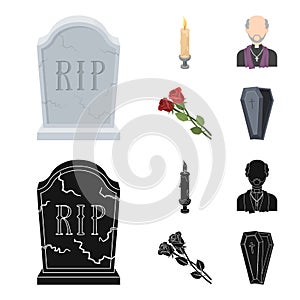 A granite tombstone with an inscription, a mourning candle, a pasteur, a priest, mourning roses. Funeral ceremony set