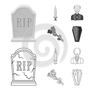 A granite tombstone with an inscription, a mourning candle, a pasteur, a priest, mourning roses. Funeral ceremony set