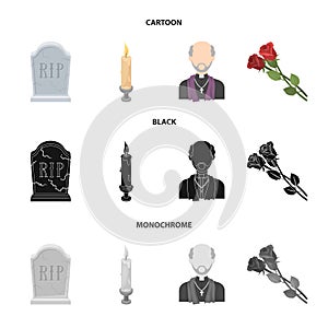 A granite tombstone with an inscription, a mourning candle, a pasteur, a priest, mourning roses. Funeral ceremony set