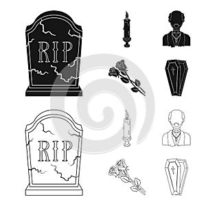 A granite tombstone with an inscription, a mourning candle, a pasteur, a priest, mourning roses. Funeral ceremony set