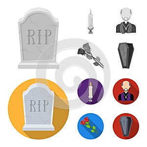 A granite tombstone with an inscription, a mourning candle, a pasteur, a priest, mourning roses. Funeral ceremony set