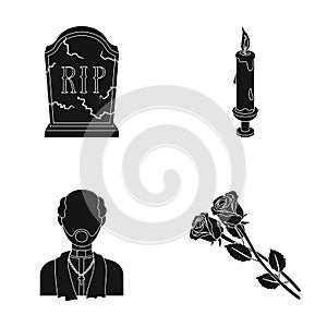 A granite tombstone with an inscription, a mourning candle, a pasteur, a priest, mourning roses. Funeral ceremony set