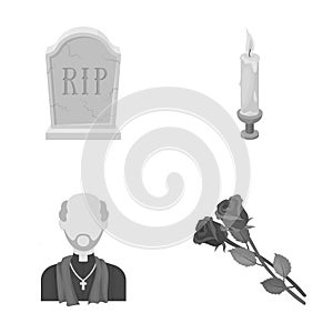 A granite tombstone with an inscription, a mourning candle, a pasteur, a priest, mourning roses. Funeral ceremony set