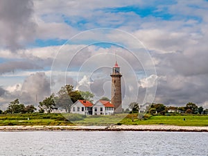 Granite tower of Fornaes lighthouse along Kattegat coast, Djursland, Midtjylland, Denmark