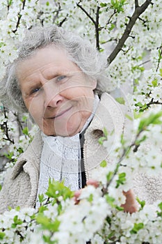 Granny on background of white flowers