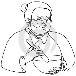 Granny Cook Mixing with Mortar and Pestle Continuous Line Drawing
