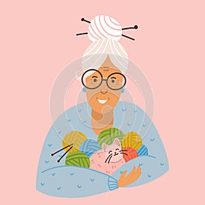 Granny doing knitwork. The gray-haired grandmother holds in her hands a lot of clews and a cat. Vector Illustration isolated on