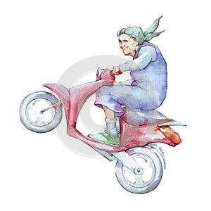 Granny driving scooter illustration