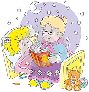 Granny and granddaughter reading fairytales