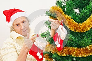 Granny in red Santa Claus hat and red socks