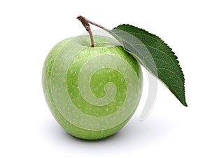 Granny smith apple and leaf isolated on white