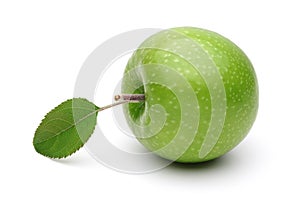 Granny smith apple and leaf isolated on white