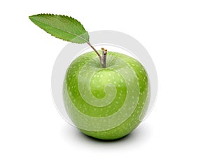 Granny smith apple and leaf isolated on white