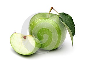 Granny smith apple with slice and leaf isolated