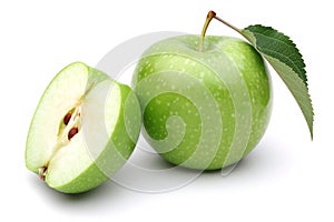 Granny smith apple with slice and leaf isolated photo