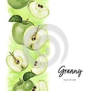 Granny Smith green apple vertical border composition watercolor hand drawn illustration on watercolor splash background.