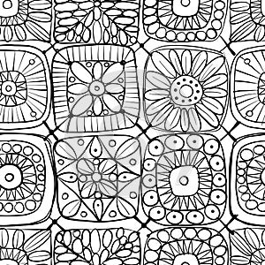 Granny square crochet. Seamless pattern background. Knitted wear. Folk art motif with flowers. Vector illustration
