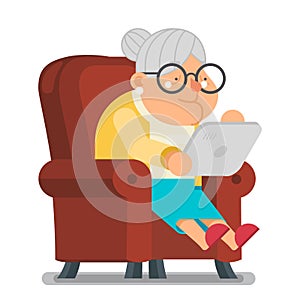 Granny with tablet internet surfing fun education old lady character cartoon flat design vector illustration