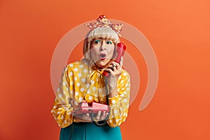 Granny Talking Landline Telephone. Senior Woman Speaking on Retro Phone