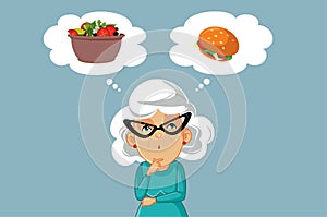 Senior Old Woman Thinking What to Eat Vector Cartoon Illustration