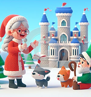 granny wear santa claus costume telling christmas fairy tales to children near a castle