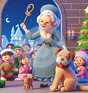 granny wear santa claus costume telling christmas fairy tales to children near a castle