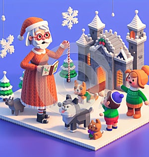 granny wear santa claus costume telling christmas fairy tales to children near a castle