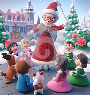 granny wear santa claus costume telling christmas fairy tales to children near a castle