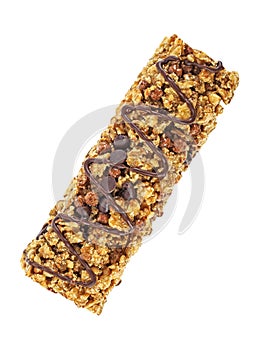 Granola bar with cereals and chocolate isolated on white background