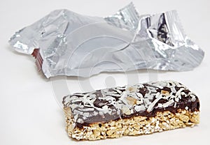 Granola Bar with Coconut and Chocolate and Foil Wrapper