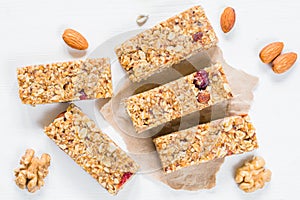 Granola bar or energy bar on white background