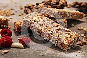 Granola bar. Healthy sweet dessert snack. Cereal granola bar wit