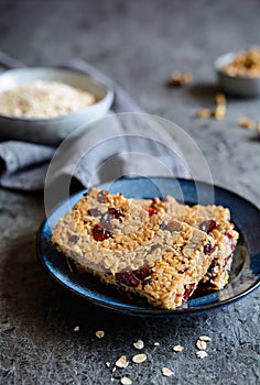 Granola bars with cranberries, walnuts, sunflower seeds and raisins
