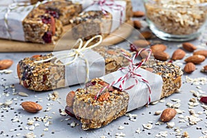 Granola bars with figs, oatmeal, almond, cranberry, chia, sunflower seeds