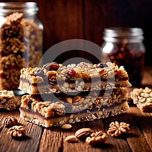 Granola Bars, made from cereal and dried fruits, healthy nutritious snack photo