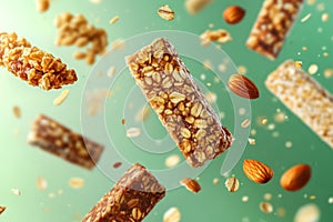 Granola bars and nut clusters floating on green background