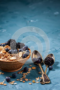 Granola with blueberries and blackberries. Healthy food.