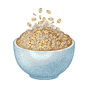 Granola bowl. Oatmeal breakfast cup, oat grain porridge. Cereal, healthy food diet, muesli flakes. Vector sketch