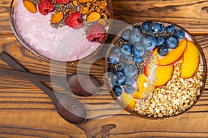 Granola bowl with yogurt and fresh almonds, blueberries, raspberries,peach, kiwi, strawberries and banana