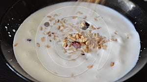 Granola breakfast cereals are poured into a plate with milk