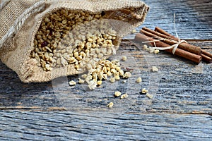 Granola in Burlap Sack Spilling onto Wood Background