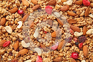 Granola with dried fruits and nuts, top view