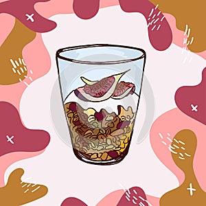 Granola with figs, nuts, raisins and yogurt in a glass beaker. Hand drawn modern vector illustration. Isolated menu design item